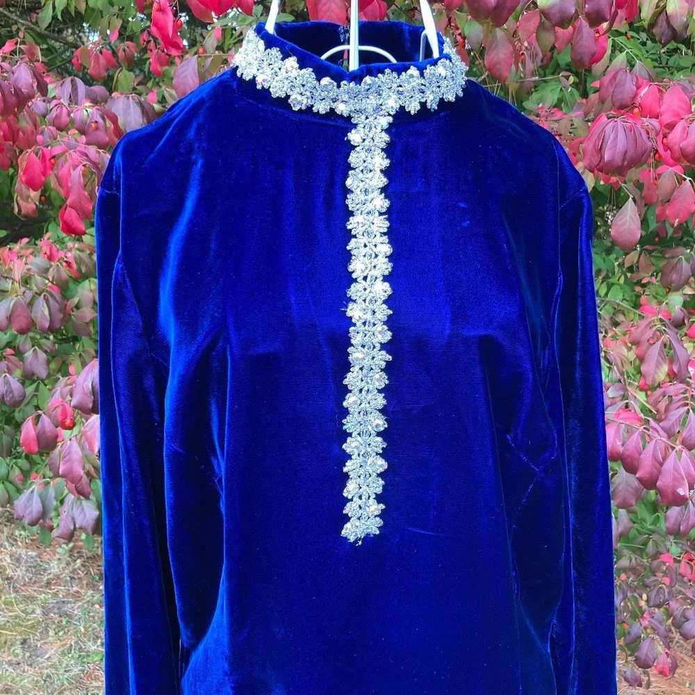 vintage 70s dress 1970s long sleeve velvet deep blue rhinestone glitter | S-M | - Picture 7 of 9